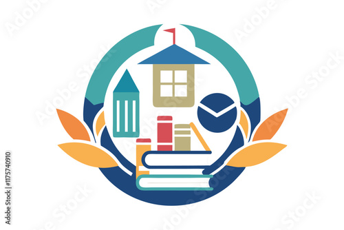 An abstract representation showcasing diverse educational tools surrounded by symbolic elements, Abstract representation of educational resources, minimalist simple modern vector logo design