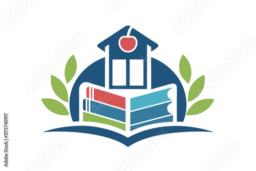 An abstract design depicting educational tools featuring books, leaves, and a schoolhouse motif, Abstract representation of educational resources, minimalist simple modern vector logo design