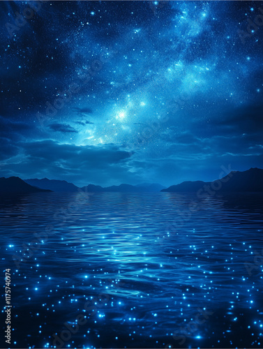 Celestial Reflection: A serene landscape of a starry night sky mirroring its brilliance upon a tranquil body of water, capturing the ethereal beauty and peacefulness of the natural world. 