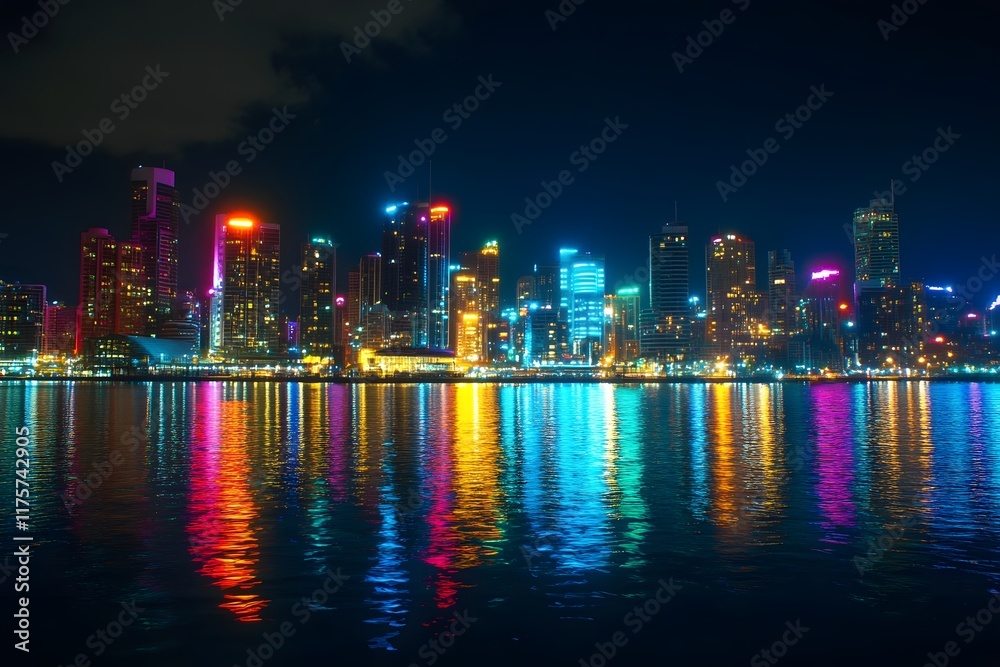 Vibrant City Skyline Illuminated at Night with Colorful Lights Reflected on Water
