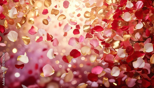 A romantic background featuring a cascade of rose petals, designed in soft pinks, reds, and white tones