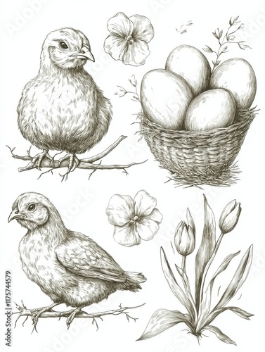 Wallpaper Mural Eggs and chicken. Vintage easter sketch. Hand drawn rustic chicks, bunny. Spring blooming tulips, festive elements. Farm products vector set Torontodigital.ca