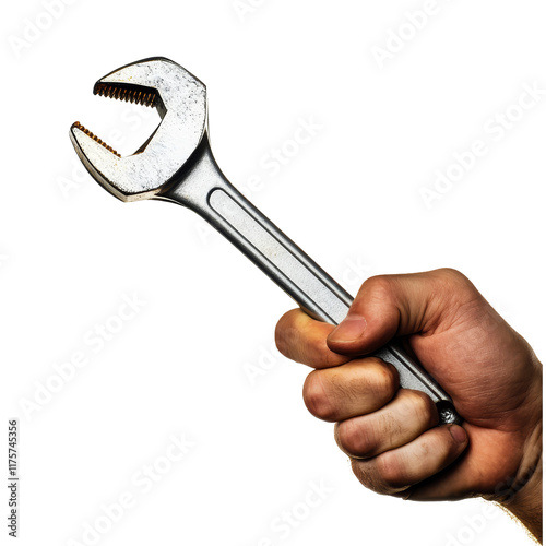 A hand gripping a wrench firmly against a transparent background for repair and maintenance tasks, Hand Holding Wrench on transparent background photo