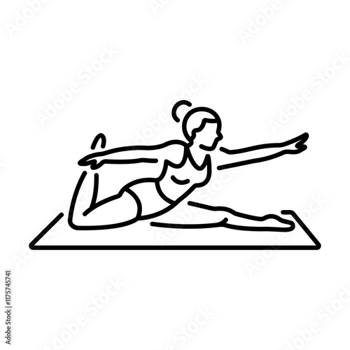 A line icon of a gymnastic woman correcting her body alignment by doing yoga stretching 