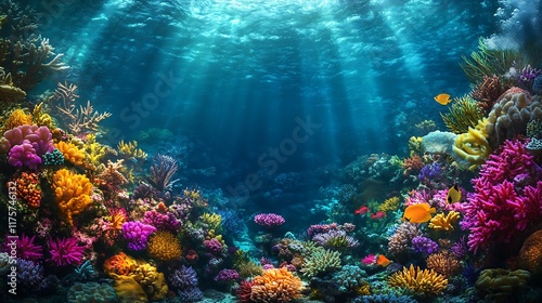 Fototapeta Naklejka Na Ścianę i Meble -  A vibrant coral reef teeming with colorful fish and marine life in crystal clear water 