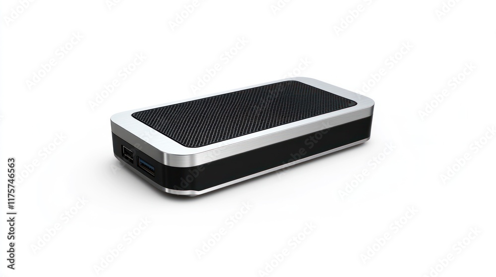 A sleek external hard drive with USB connectivity and a textured surface. A sleek external hard drive with USB connectivity and a textured surface.