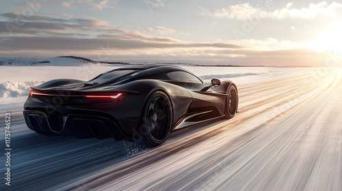 Dynamic Elegance: A Black Sports Car on a Snowy Journey through Winter's Vast White Fields
