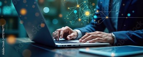 Businessman works on laptop, tablet in office. Futuristic tech concept. Global data exchange in cyberspace. Modern business. Man uses tech tools for global financial transactions. Modern office