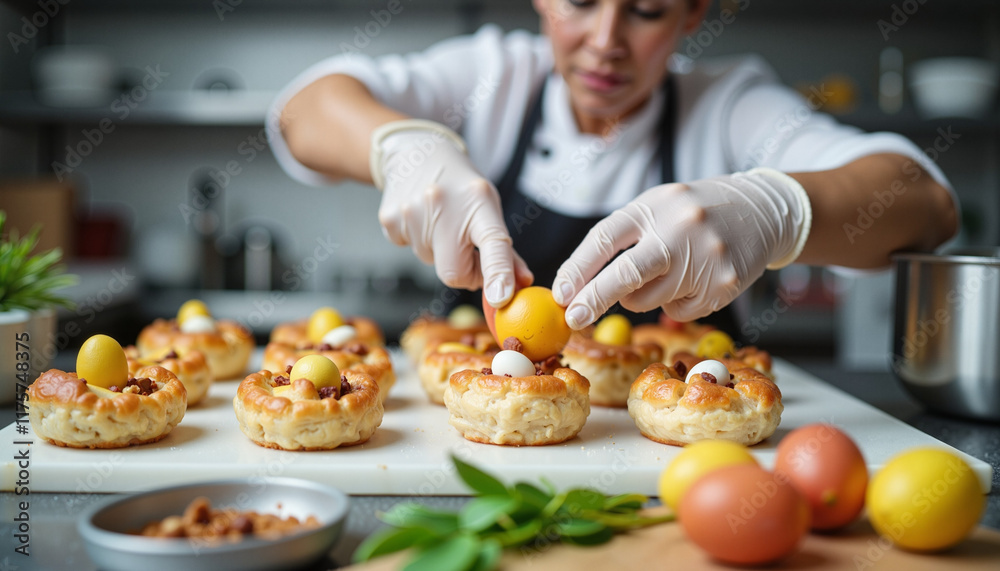Chef joyfully decorating Easter-themed desserts in professional kitchen, celebration Chef joyfully decorating Easter-themed desserts in professional kitchen, celebration