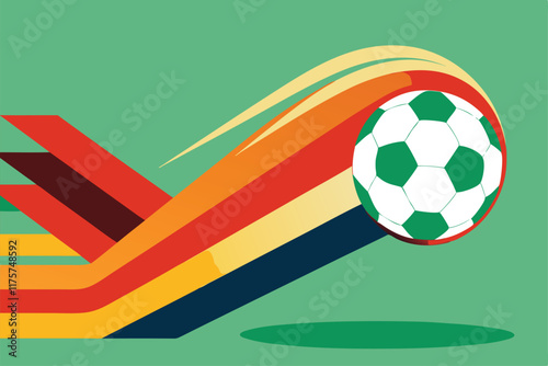 An abstract composition depicts a soccer ball rolling with vibrant streaks on a bright green background, An abstract interpretation of a soccer ball rolling across a field