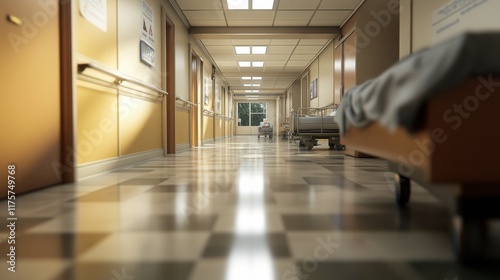 Hospital corridor with a patient in a hospital. Empty hospital corridor, blurred background. Modern interior with spacious room and hospital bed. Blurred interior of a medical facility. Spacious medi photo