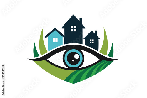 This logo features an eye symbol with houses and greenery, emphasizing community vigilance for safety, An abstract logo for a neighborhood watch group incorporating a simple eye shape