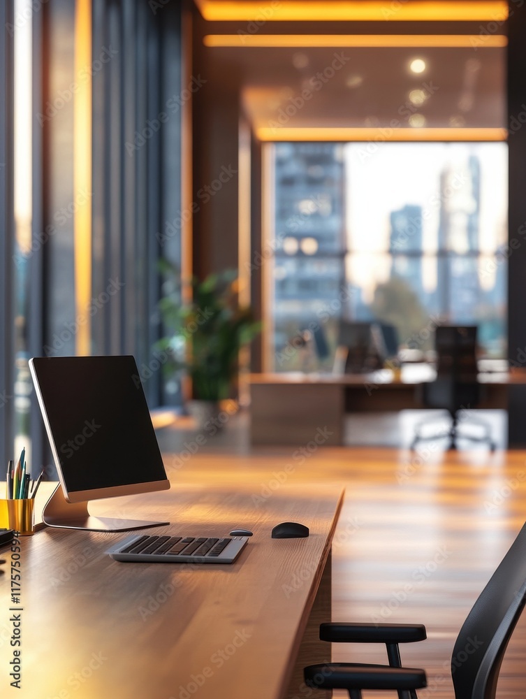 Modern corporate workspace with blurred background showcasing desks and computers during daylight Modern corporate workspace with blurred background showcasing desks and computers during daylight