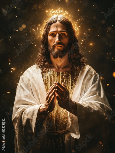 Illuminated Jesus Christ holding hands in amen gesture