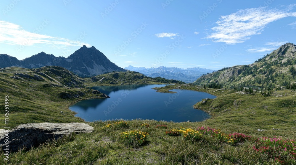 Scenic mountain landscape with a tranquil lake and vibrant flowers. Scenic mountain landscape with a tranquil lake and vibrant flowers.