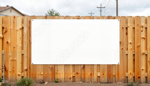 Empty vinyl banner on wooden fence near construction site, advertising space photo