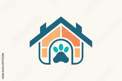 This artwork creatively depicts a home incorporating a playful paw print symbolizing a pet's presence, Abstract representation of a heart and pet in negative space