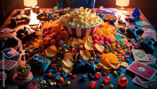 Gaming party. large bowl of popcorn, chips, and colorful candies on a wooden table. Scattered around are game controllers, playing cards, dice, and board game pieces photo