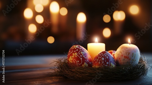 Easter, the time of Christ's resurrection, celebration of life, Easter eggs with candlelight.