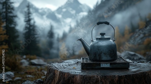 Steaming tea kettle on stump, misty mountain backdrop. photo