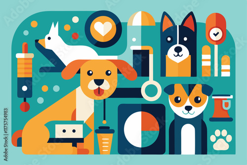 An engaging abstract design featuring numerous pets alongside essential pet care items and tools, An abstract representation of various pets and their accessories