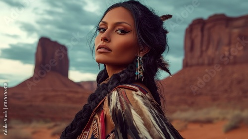 An Apache woman with long, braided black hair, decorated with feathers and beads, stands in a desert landscape background wallpaper AI generated image