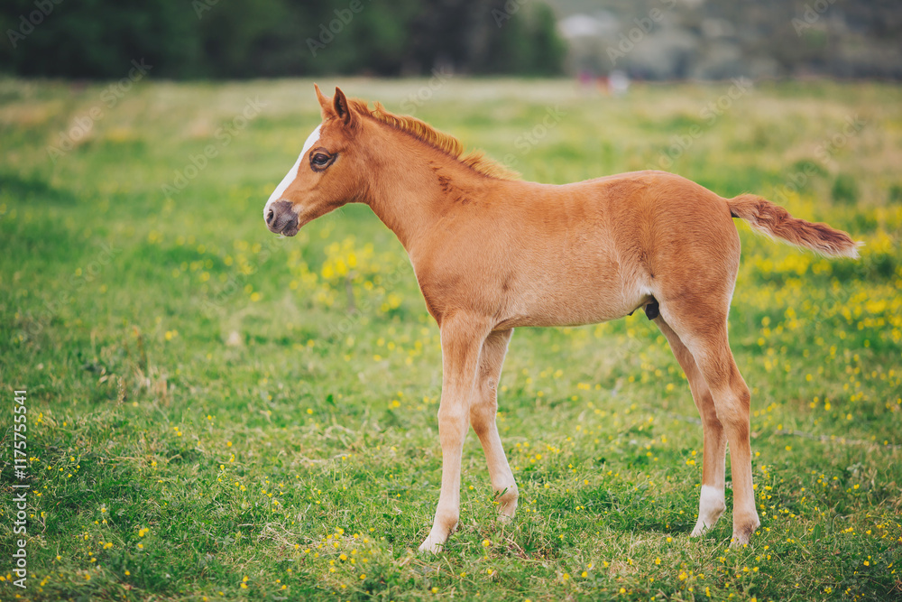 horse foal on summer pasture. Cute young horse foal standing in a green grass meadow with yellow flowers in spring horse foal on summer pasture. Cute young horse foal standing in a green grass meadow with yellow flowers in spring