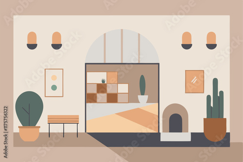 A spacious art gallery showcases minimalist designs and potted plants, creating a calming ambiance, An art gallery with a minimalist aesthetic, focusing on neutral colors and natural materials