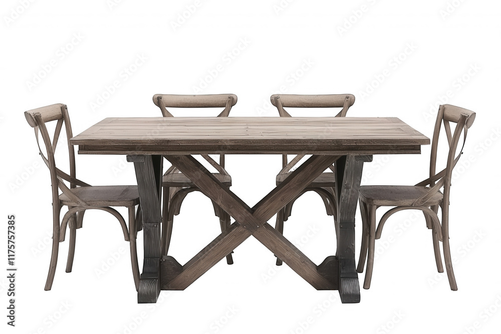 Rustic dining set, wood table, crisscross legs, four matching chairs, farmhouse style, minimalist design, natural finish. Isolated on white background or PNG Rustic dining set, wood table, crisscross legs, four matching chairs, farmhouse style, minimalist design, natural finish. Isolated on white background or PNG