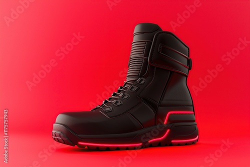 A sleek black boot with red accents stands out against a vibrant red background, showcasing a modern design ideal for style and performance. photo