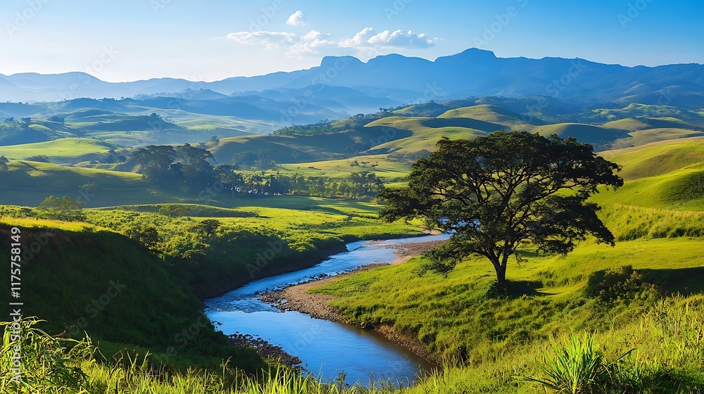 Fototapeta premium Majestic mountain range under a clear blue sky, with a river winding through a lush green valley