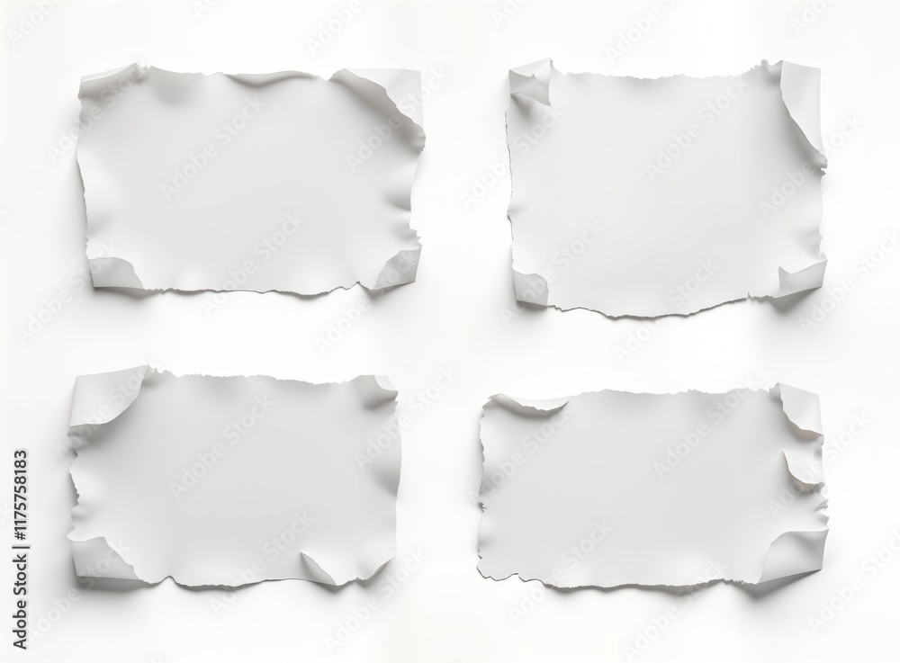 Set of four ripped white pieces of paper on white background. Ripped edges, curled corners give grunge look. Blank paper pieces isolated on transparent background. Suitable for notes messages Set of four ripped white pieces of paper on white background. Ripped edges, curled corners give grunge look. Blank paper pieces isolated on transparent background. Suitable for notes messages