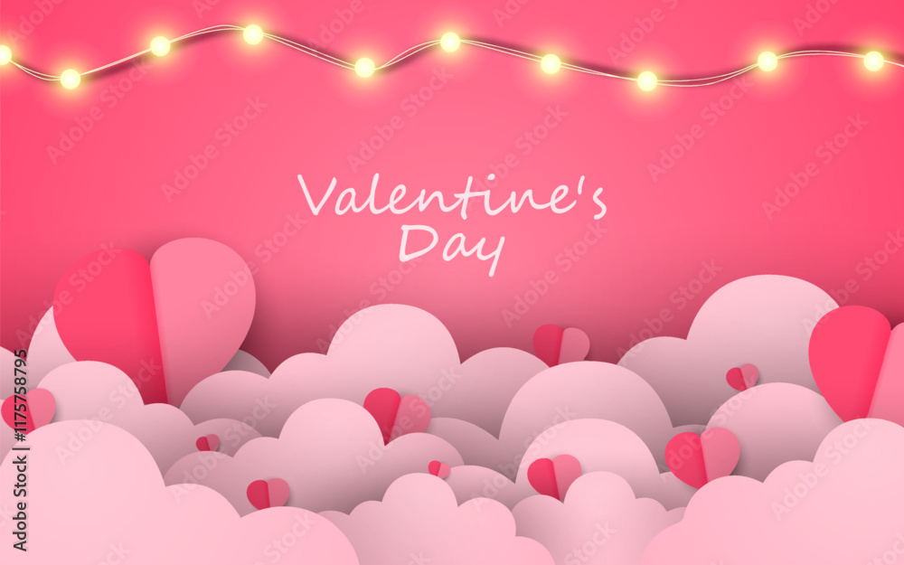 Paper hearts floating on clouds background for valentines day Paper hearts floating on clouds background for valentines day