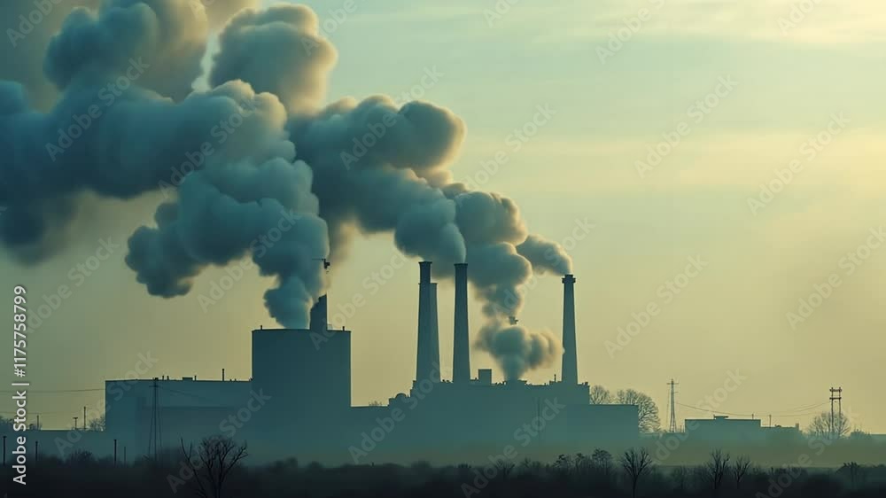 Power Plant Emitting Smoke with Overcast Sky Power Plant Emitting Smoke with Overcast Sky