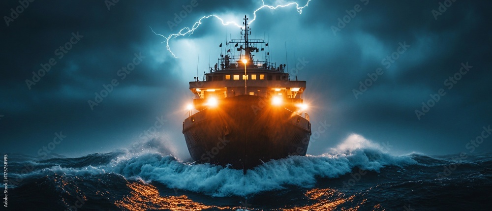 Obraz premium Ship sailing stormy ocean, lightning background