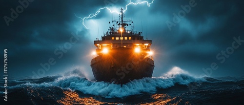 Ship sailing stormy ocean, lightning background