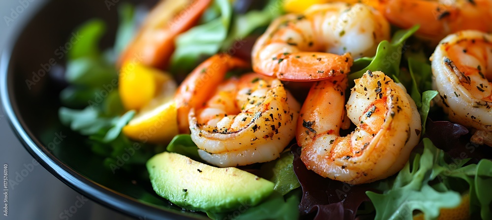 A close-up of a plate of shrimp and avocado salad, with mixed greens and a light citrus vinaigrette. A close-up of a plate of shrimp and avocado salad, with mixed greens and a light citrus vinaigrette.