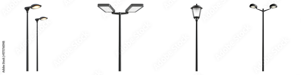LED street lights isolated on transparent background, Set of LED street lights isolated on transparent background, Set of