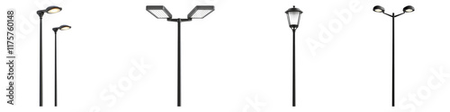 LED street lights isolated on transparent background, Set of