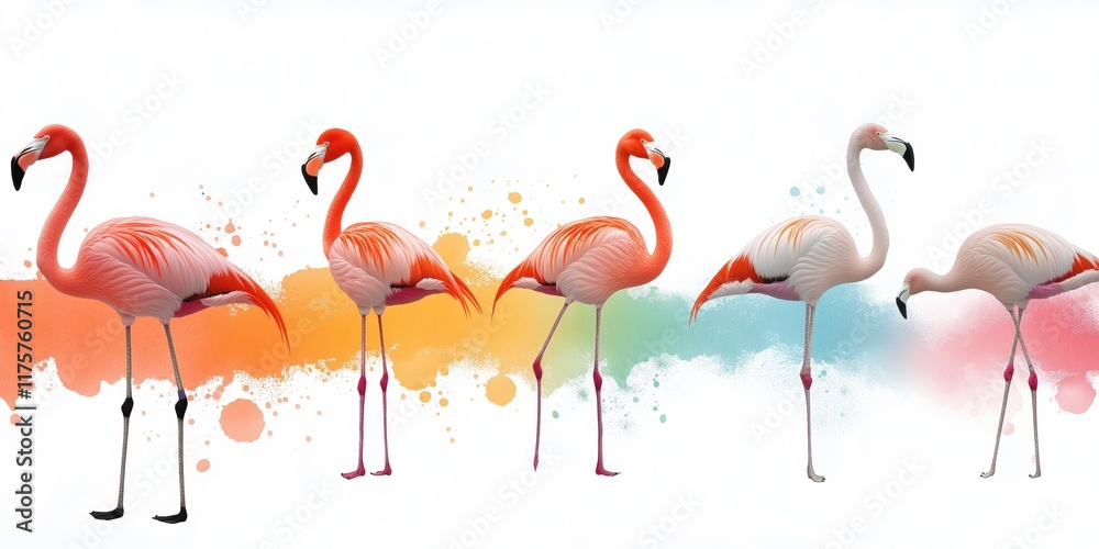 Obraz premium A group of flamingos are standing in a line, with some of them having their heads turned to the right. The image has a colorful and vibrant feel