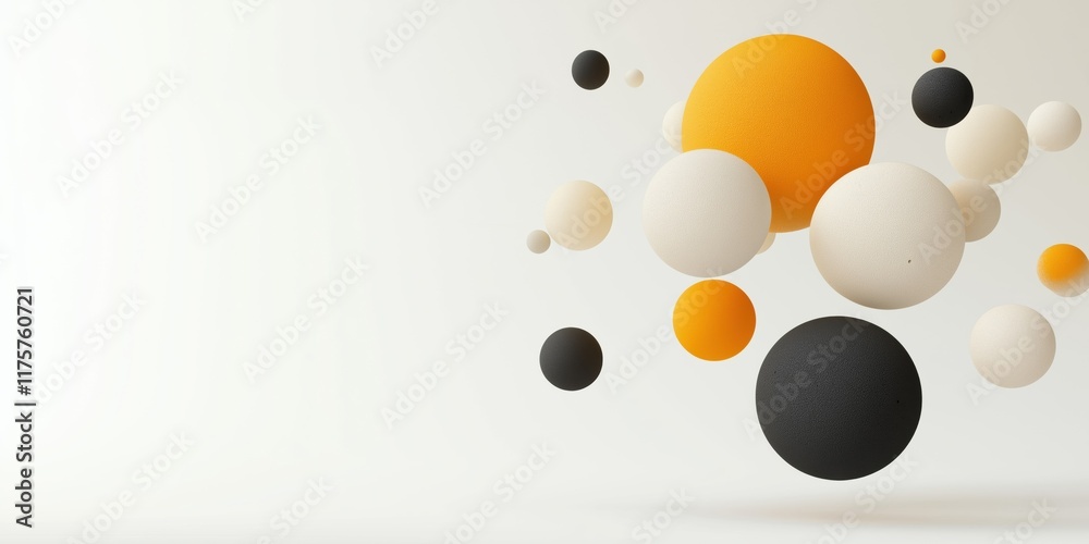 A white background with a bunch of different colored balls scattered around it. The balls are of various sizes and colors, including black, white, and orange. Concept of chaos and randomness A white background with a bunch of different colored balls scattered around it. The balls are of various sizes and colors, including black, white, and orange. Concept of chaos and randomness