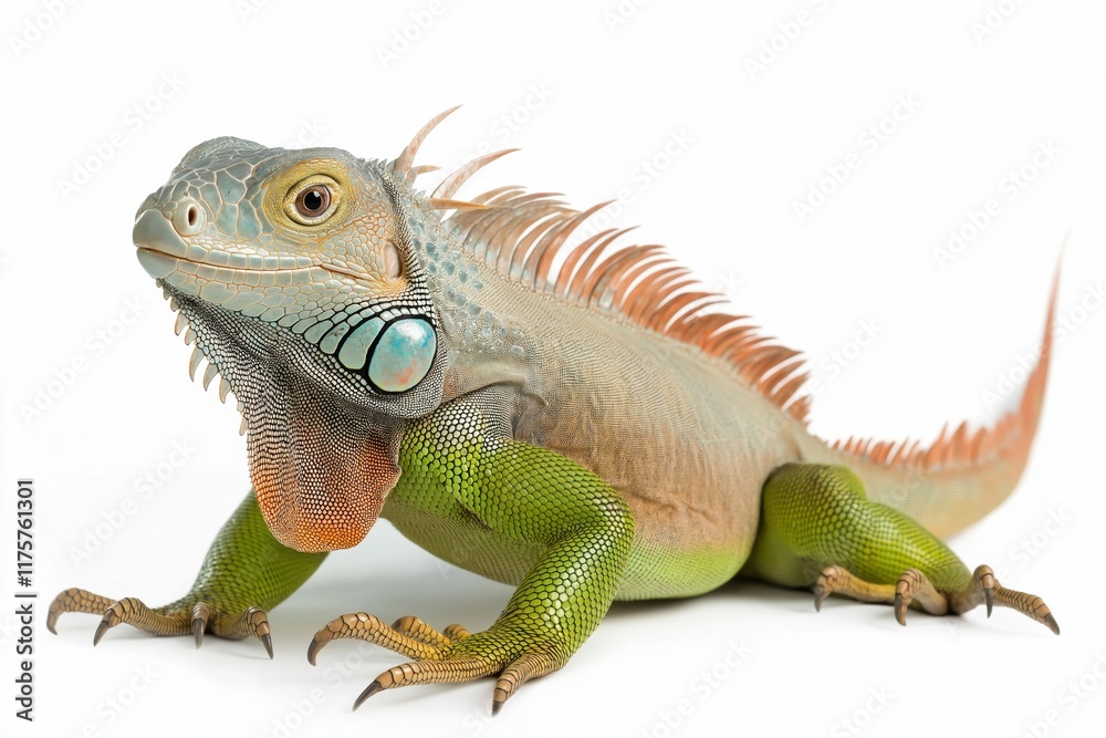 Obraz premium A green and orange lizard with a blue bead on its head. The lizard is standing on a white background
