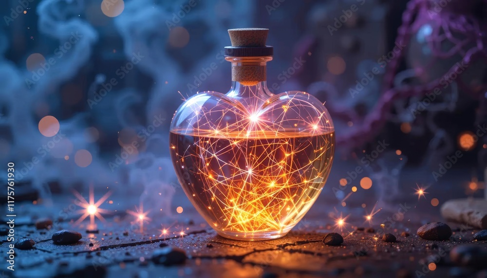 Magical heart-shaped potion bottle glowing in warm tones Magical heart-shaped potion bottle glowing in warm tones