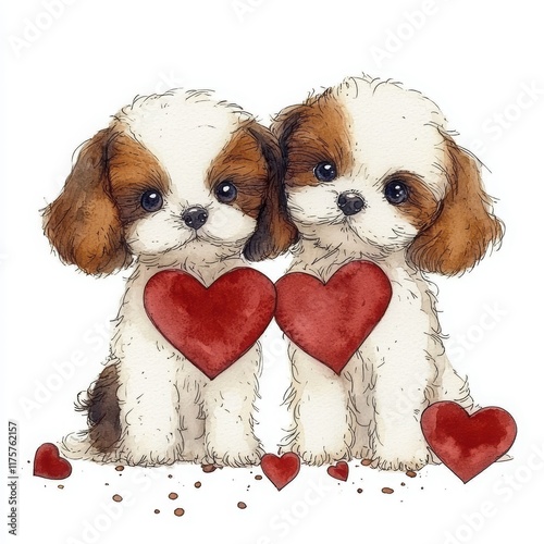 Two adorable puppies holding red hearts, exuding love and affection, perfect for pet lovers and Valentine