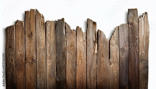 vertical planks cracked on broken wooden wall on white background