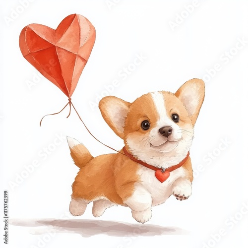 A cute corgi puppy joyfully leaps with a heart-shaped balloon, radiating happiness and charm. photo