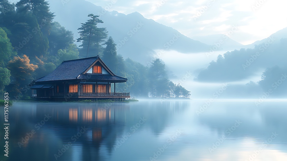 Fototapeta premium Serene Japanese House on Misty Mountain Lake
