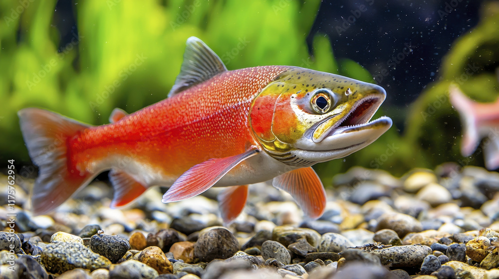 Fototapeta premium vibrant sockeye salmon swimming gracefully among pebbles and aquatic plants. Its striking colors and lively movement create captivating underwater
