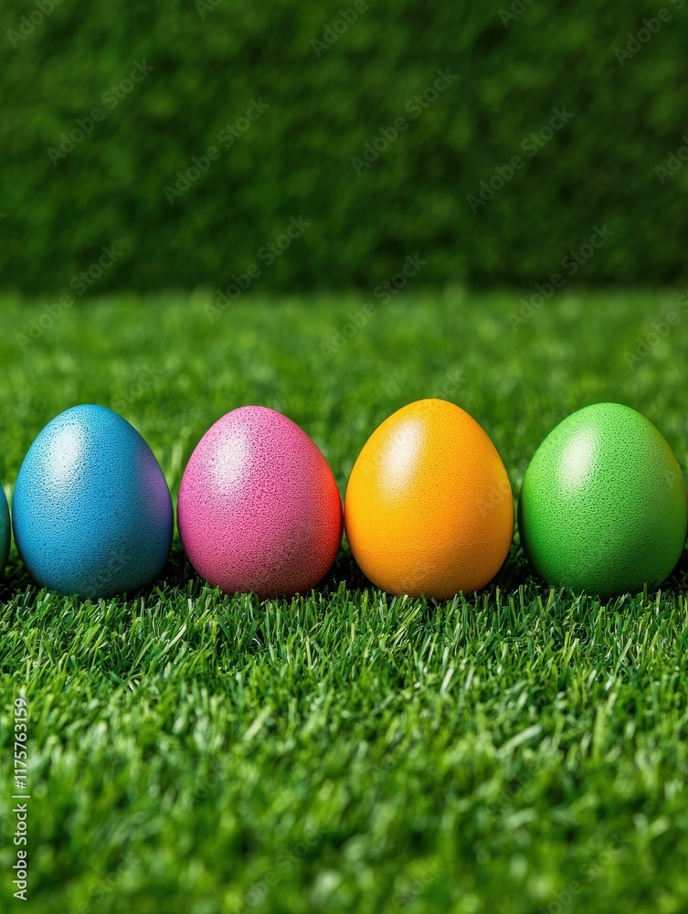 easter, holidays and tradition concept - row of colored eggs on artificial grass easter, holidays and tradition concept - row of colored eggs on artificial grass