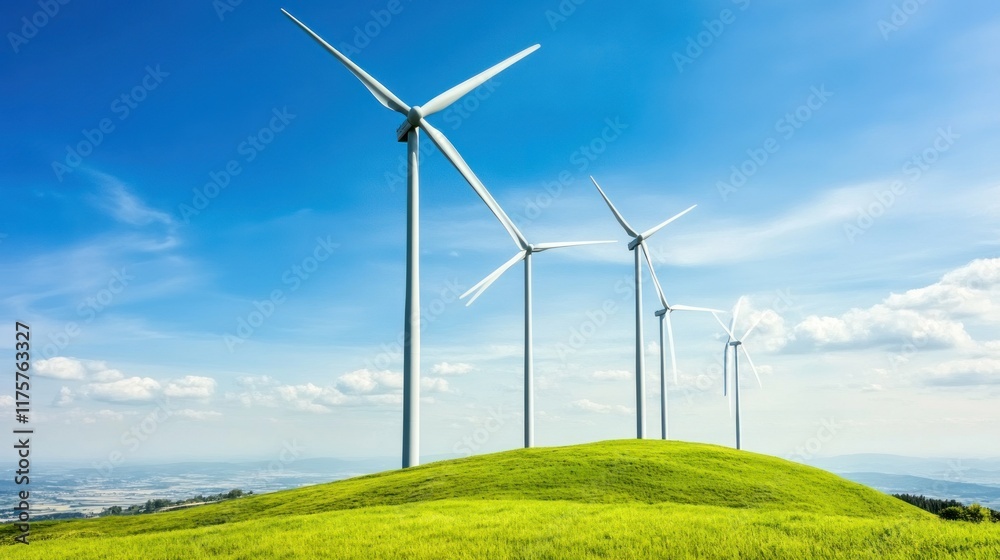 Wind turbines on a grassy hill under a blue sky. Wind turbines on a grassy hill under a blue sky.
